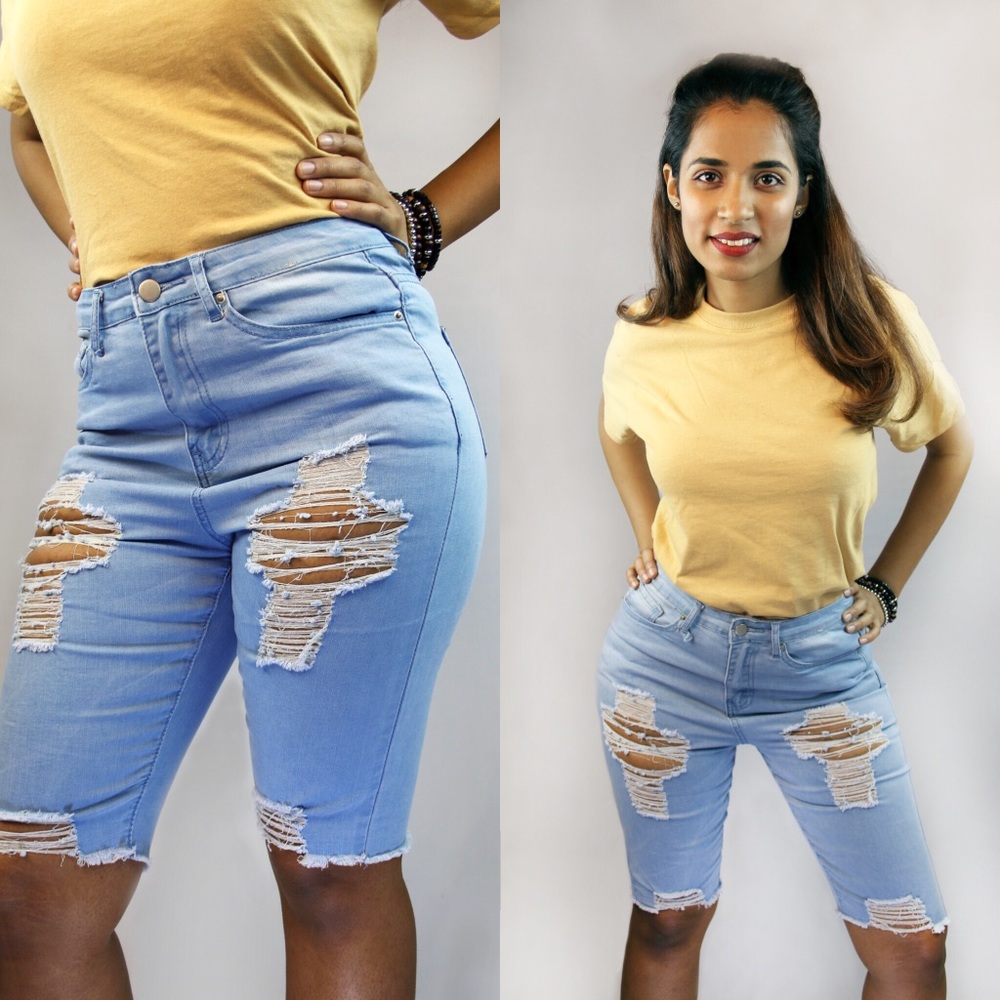 Knee-length Denim Shorts- Light Wash